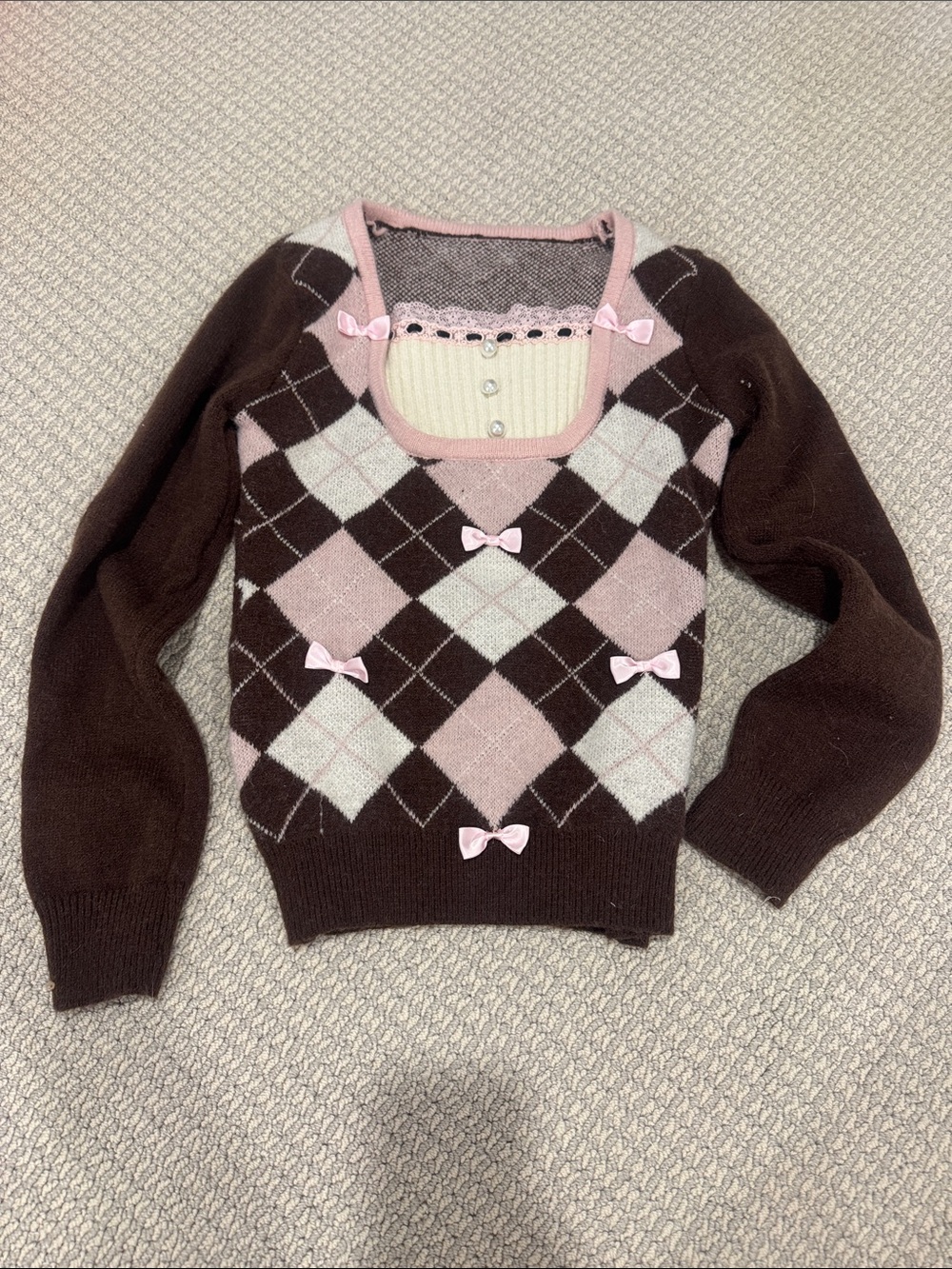 Women’s Pink & Brown Argyle Bow-Trim Sweater